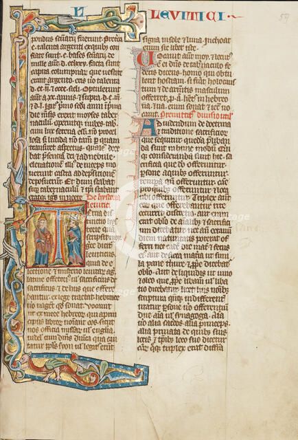 Initial T: Aaron and an Israelite; Historia Scholastica, about 1300. Creator: Unknown.