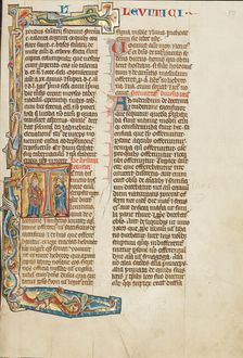 Initial T: Aaron and an Israelite; Historia Scholastica, about 1300. Creator: Unknown