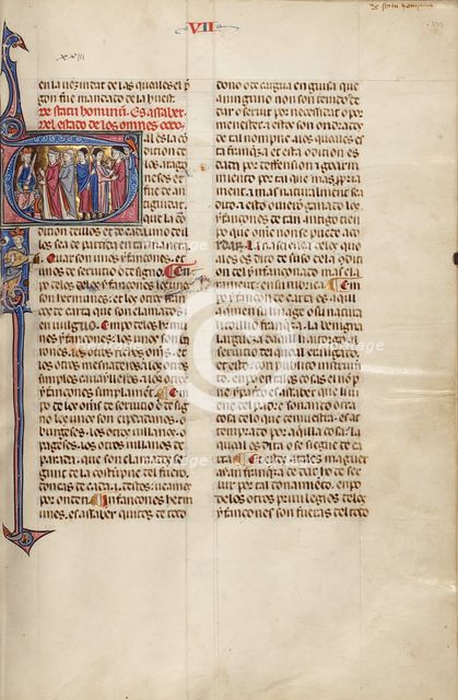 Initial T: Clerics, Nobles, and Peasants Standing before a King; Vidal Mayor, about 1290-1310. Creator: Unknown.