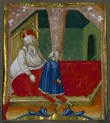 Initial T from a Choral Book with Isaac and Esau, c. 1460-1470. Creator: Bartolomeo da Gallarate (Italian)