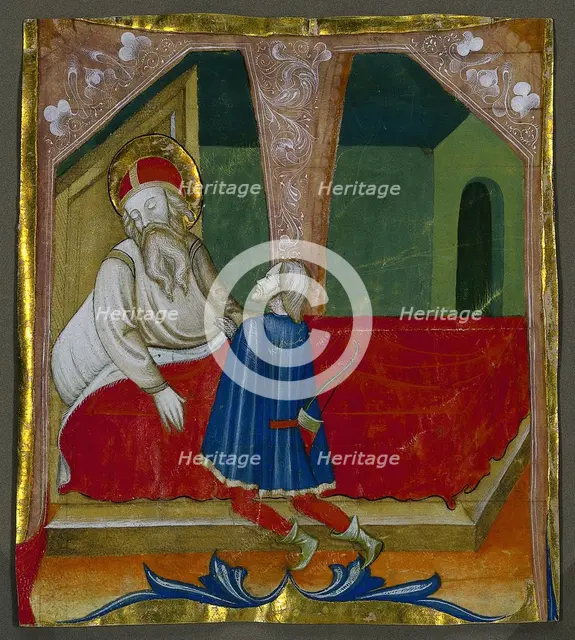 Initial T from a Choral Book with Isaac and Esau, c. 1460-1470. Creator: Bartolomeo da Gallarate (Italian).