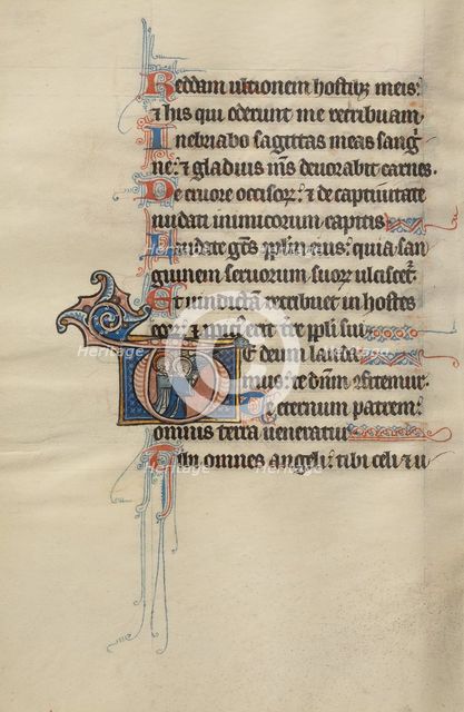 Initial T: Two Angels Kneeling in Prayer; Bute Psalter, text and illumination about 1285. Creator: Bute Master.