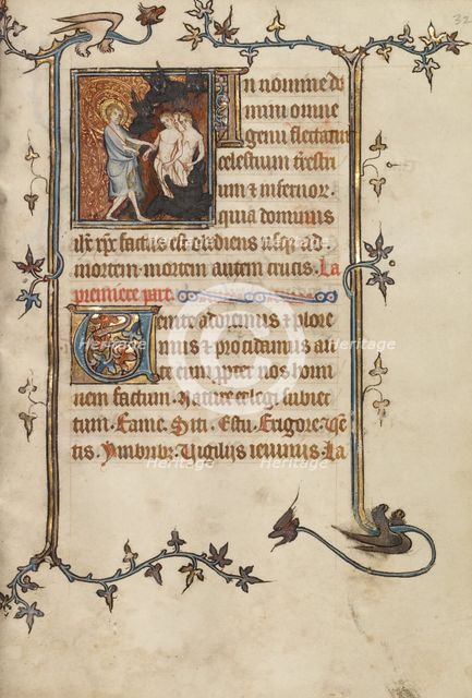 Initial T: Two Angels Kneeling in Prayer; Bute Psalter, text and illumination about 1285. Creator: Bute Master.