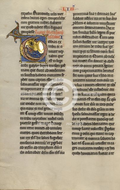 Initial T: The Blinding of Tobit; Marquette Bible, about 1270. Creator: Unknown.