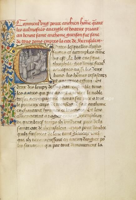 Initial T: The Healing of the Blind after Touching the Body of Saint Anthony, about 1465-1470. Creators: Master of the Brussels Romuléon, Workshop of the Master of the Brussels Romuléon.