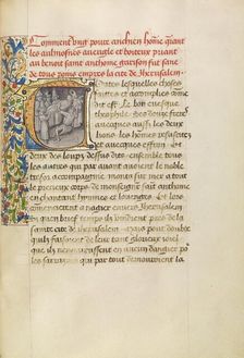 Initial T: The Healing of the Blind after Touching the Body of Saint Anthony, about 1465-1470. Creators: Master of the Brussels Romuléon, Workshop of the Master of the Brussels Romuléon