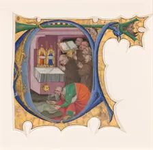 Initial T with a group of Benedictine monks singing before an altar from which issues water, 1430s. Creator: Master of the Cypresses