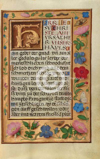 Initial U: A Man Clothing a Nude Man; Bute Psalter, text and illumination about 1285. Creator: Bute Master.