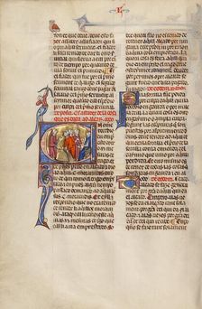 Initial U: A Man Pointing to a Heap of Grain and Two Men before a Judge, about 1290-1310. Creator: Unknown