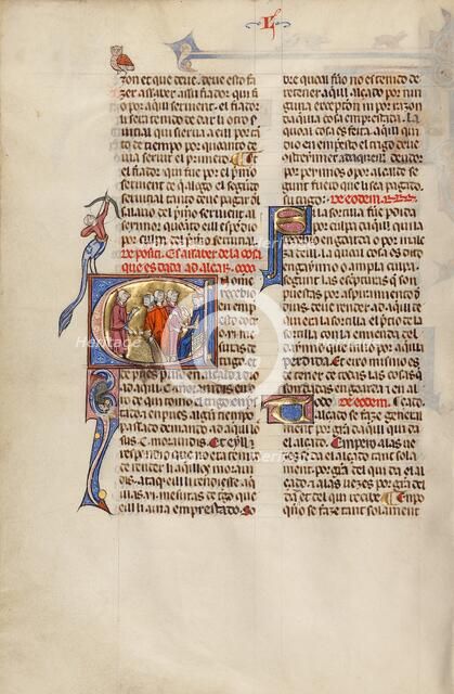 Initial U: A Man Pointing to a Heap of Grain and Two Men before a Judge, about 1290-1310. Creator: Unknown.