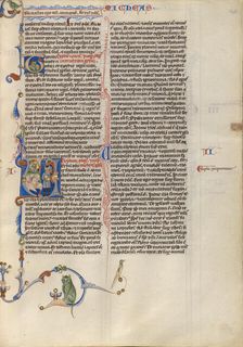 Initial V: Micah Addressing a Group of Soldiers; Abbey Bible, about 1250-1262. Creator: Unknown