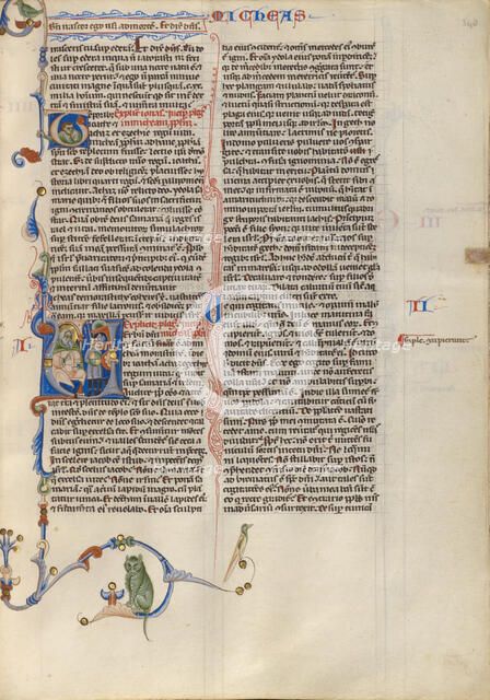 Initial V: Micah Addressing a Group of Soldiers; Abbey Bible, about 1250-1262. Creator: Unknown.