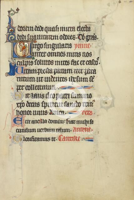 Initial V: A Crowned Female Saint with a Book and a Martyr's Palm; Ruskin Hours, about 1300. Creator: Unknown.