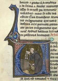 Initial V': a monk-cellarer tasting wine from a barrel whilst filling a jug, late 13th century. Creator: Unknown