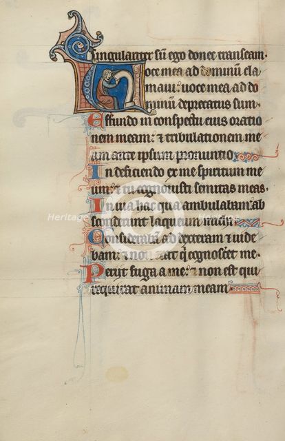 Initial V: A Seated Man Holding a Scroll; Bute Psalter, text and illumination about 1285. Creator: Bute Master.