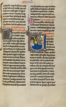 Initial V: An Angel before Micah; Marquette Bible, about 1270. Creator: Unknown