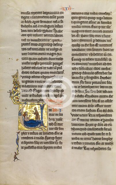 Initial V: Job Derided by his Wife; Marquette Bible, about 1270. Creator: Unknown.