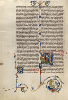 Initial V: Job Derided by His Wife and Three Friends; Abbey Bible, about 1250-1262. Creator: Unknown