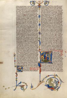 Initial V: Job Derided by His Wife and Three Friends; Abbey Bible, about 1250-1262. Creator: Unknown