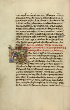 Initial V: King Tarsus Capturing the Sultan; Roman de Gillion de Trazegnies, 1464. Creators: Lieven van Lathem, David Aubert