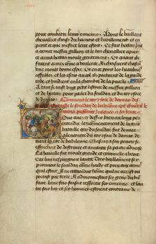 Initial V: King Tarsus Capturing the Sultan; Roman de Gillion de Trazegnies, 1464. Creators: Lieven van Lathem, David Aubert