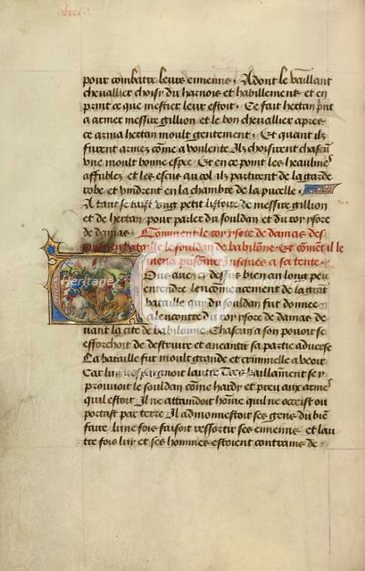Initial V: King Tarsus Capturing the Sultan; Roman de Gillion de Trazegnies, 1464. Creators: Lieven van Lathem, David Aubert.