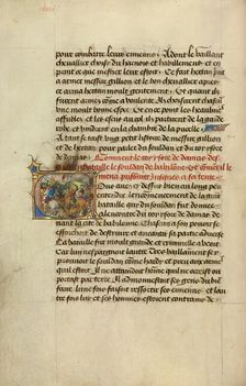 Initial V: King Tarsus Capturing the Sultan; Roman de Gillion de Trazegnies, 1464. Creators: Lieven van Lathem, David Aubert