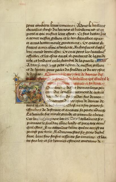 Initial V: King Tarsus Capturing the Sultan; Roman de Gillion de Trazegnies, 1464. Creators: Lieven van Lathem, David Aubert.
