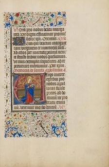 Initial V: Saint Apollonia with a Book and Tongs; Llangattock Hours, 1450s. Creator: Master of the Llangattock Hours