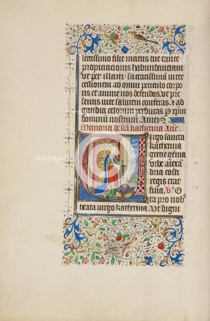 Initial V: Saint Catherine Holding a Sword over a King; Llangattock Hours, 1450s. Creator: Master of the Llangattock Hours.