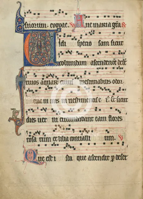 Initial V: The Assumption of the Virgin; Antiphonal, about 1260-1270. Creator: Unknown.