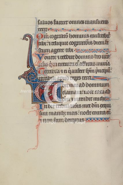 Initial V: The Divine Hand Crowing David; Bute Psalter, text and illumination about 1285. Creator: Bute Master.