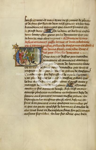 Initial V: The Knight Amaury Kneeling before Gillion and the Sultan, 1464. Creators: Lieven van Lathem, David Aubert.
