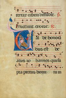Initial V: The Raising of Drusiana; Antiphonal, late 13th century. Creator: Unknown