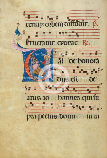 Initial V: The Raising of Drusiana; Antiphonal, late 13th century. Creator: Unknown.
