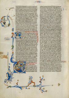 Initial V: Tobit Sleeping; Abbey Bible, about 1250-1262. Creator: Unknown