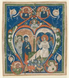 Initial A [ngelus Domini descendit] from an Antiphonary: The Three Marys at the Tomb , c1280-1300. Creator: Unknown