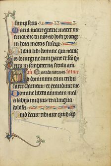 Initial A: A Devil Aiming with a Bow and Arrow at a Kneeling Man in Prayer; Ruskin Hours, about 1300 Creator: Unknown