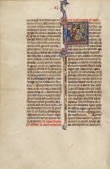 Initial A: A Judge and Two Men Pointing to an Aquaduct and a Millwheel; Vidal Mayor, about 1290-1310 Creator: Unknown