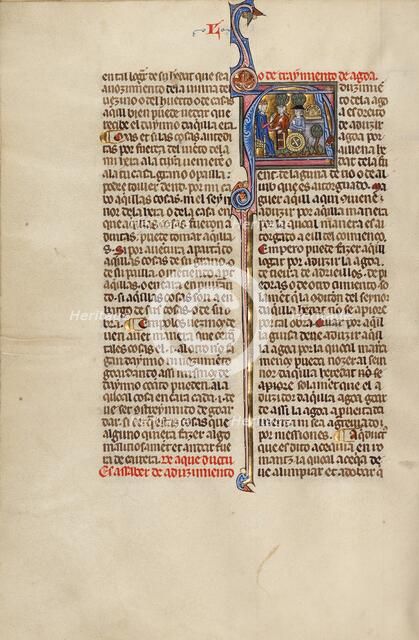 Initial A: A Judge and Two Men Pointing to an Aquaduct and a Millwheel; Vidal Mayor, about 1290-1310 Creator: Unknown.