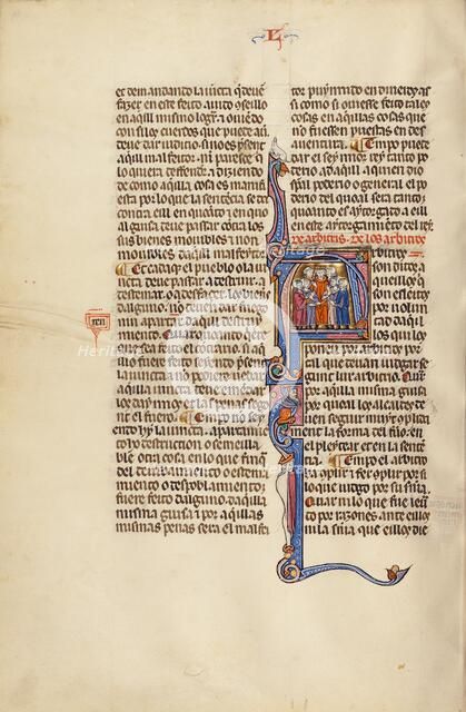 Initial A: A Judge Speaking to Two Groups; Vidal Mayor, about 1290-1310. Creator: Unknown.