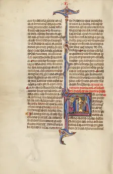 Initial A: A Man before a King and A Man within a Doorway Receiving the Body..., about 1290-1310. Creator: Unknown