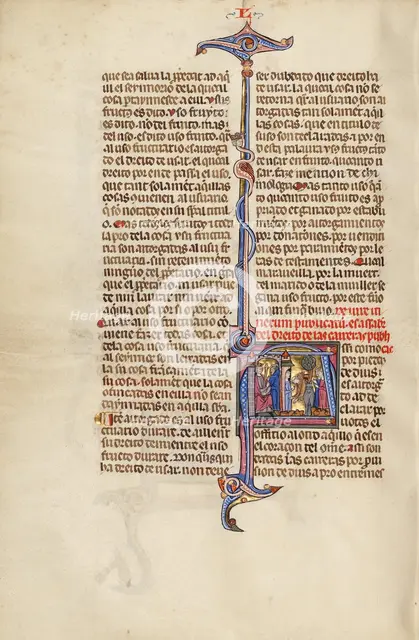 Initial A: A Man before a King and A Man within a Doorway Receiving the Body..., about 1290-1310. Creator: Unknown.