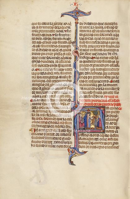 Initial A: A Man before a King and A Man within a Doorway Receiving the Body..., about 1290-1310. Creator: Unknown.