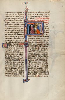 Initial A: A Man Placing his Hand on the Head of a Kneeling Man; Vidal Mayor, about 1290-1310. Creator: Unknown