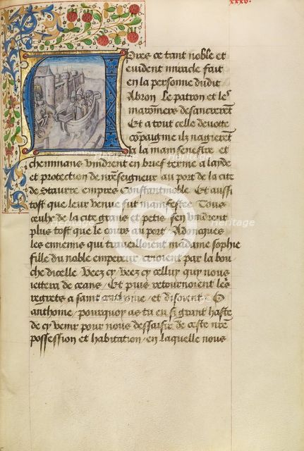 Initial A: Arrival of Ships in Constantinople, about 1465-1470. Creators: Master of the Brussels Romuléon, Workshop of the Master of the Brussels Romuléon.