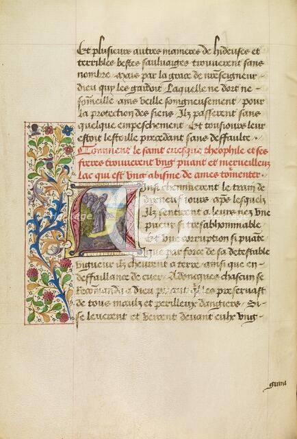 Initial A: Bishop Theophilus Speaking to Tortured Souls Arising from the Bottom..., about 1465-1470. Creators: Master of the Brussels Romuléon, Workshop of the Master of the Brussels Romuléon.