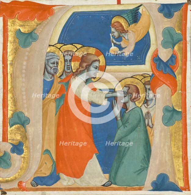 Initial A: Christ Wiping the Tears from the Eyes of the Saved, about 1330-1340. Creator: Master of the Antiphonary of San Giovanni Fuorcivitas.
