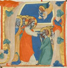 Initial A: Christ Wiping the Tears from the Eyes of the Saved, about 1330-1340. Creator: Master of the Antiphonary of San Giovanni Fuorcivitas