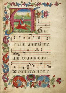 Initial A: David Playing the Psaltery; Gradual, about 1460-1480. Creator: Unknown
